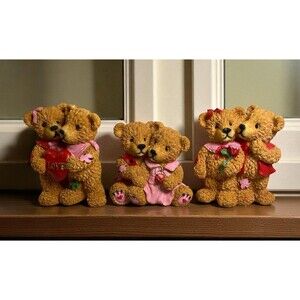 VTG Valentines Heart Shaped “Love” Figurine With Teddy Bear Couple Set Of 3
